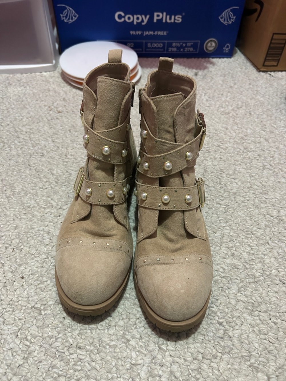 wonder nation Tan Pearl-Studded Suede Combat Boots